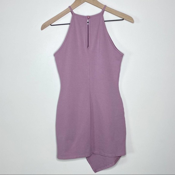 Lovely Day Purple Asymmetrical Hem Stretch Bodycon Mini Dress Halter Medium - Picture 5 of 8